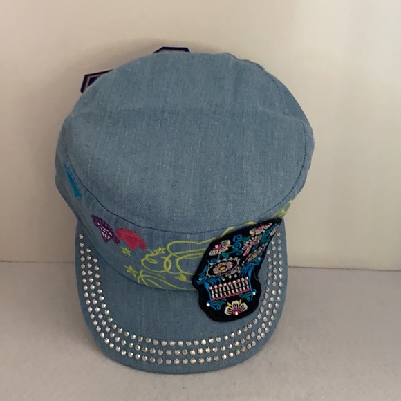 Rhinestone Castro Cap Black Sugar Skull Light Denim - Picture 7 of 8